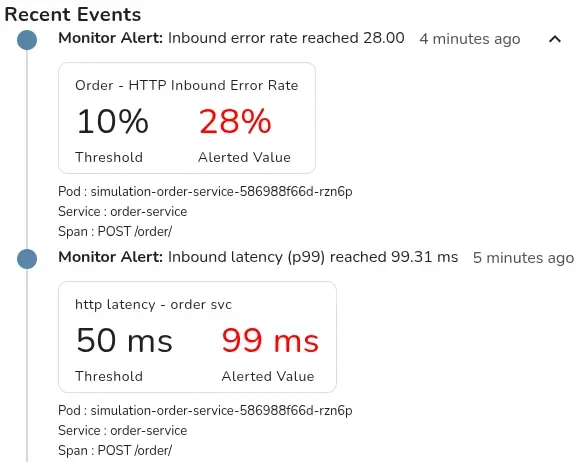 Screenshot displaying two monitor alerts that are based on RED metrics.