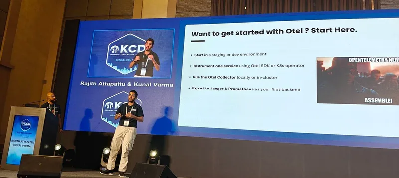Rajith Attapattu and Kunal Verma on stage at KCD Bengaluru 2025, in front of a slide titled 'Want to get started with Otel? Start Here.'